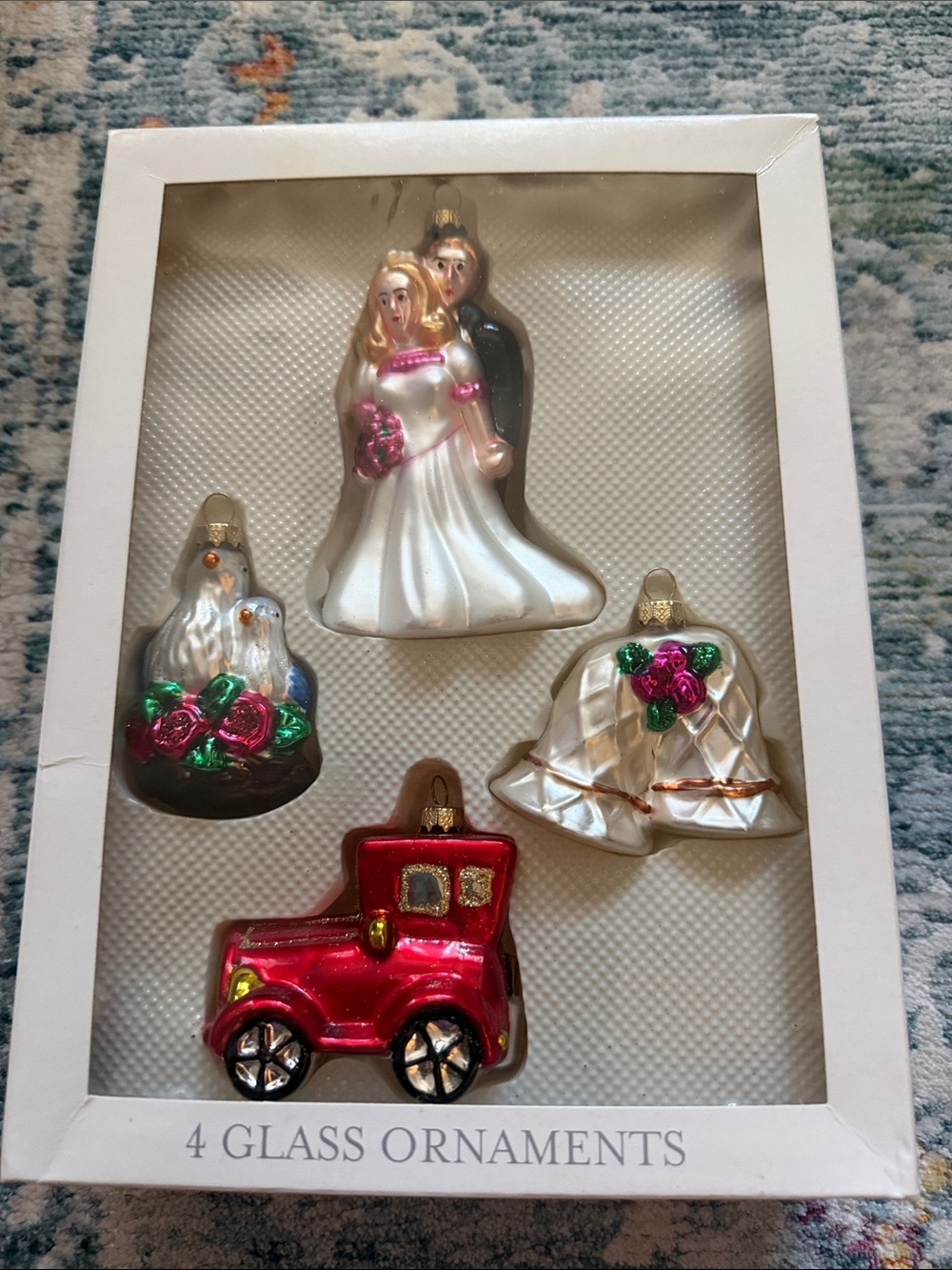 Wedding Glass Ornament bride, and groom, Dove bells carriage- Target 2002